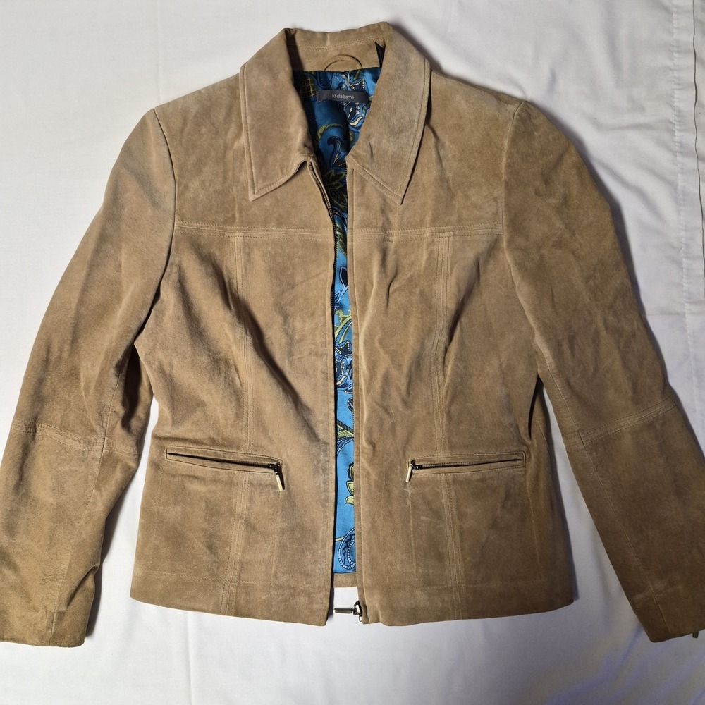 Liz Claiborne Tan Suede Leather Jacket‎ Paisley Lining Zip Front Womens Size 10
